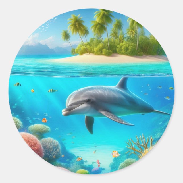 Tropical/Hawaii colourful underwater dolphin Classic Round Sticker (Front)