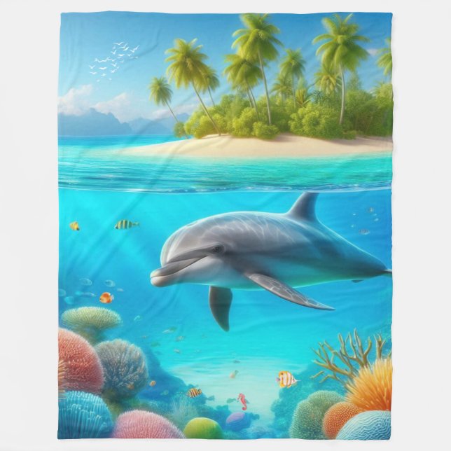 Tropical/Hawaii colourful underwater dolphin Fleece Blanket (Front)