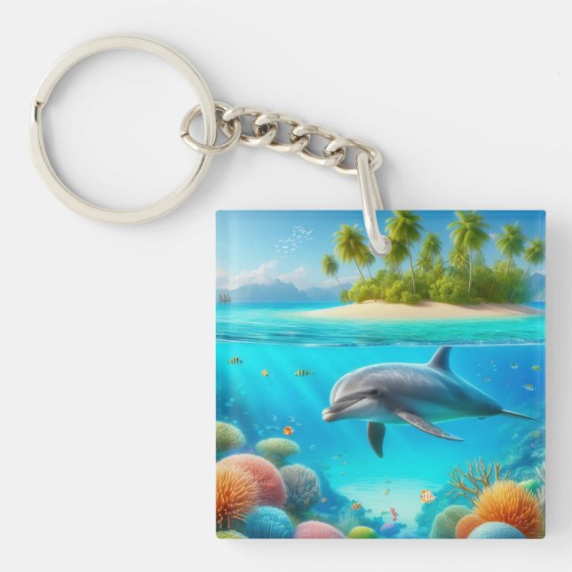 Tropical/Hawaii colourful underwater dolphin Keychain (Front)