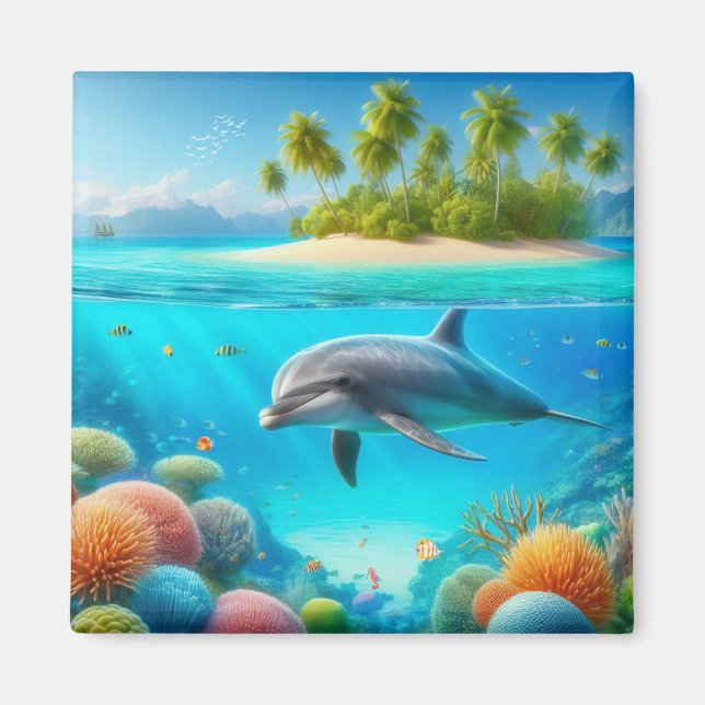 Tropical/Hawaii colourful underwater dolphin Magnet (Front)