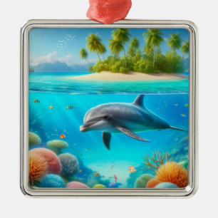 Tropical/Hawaii colourful underwater dolphin Metal Ornament
