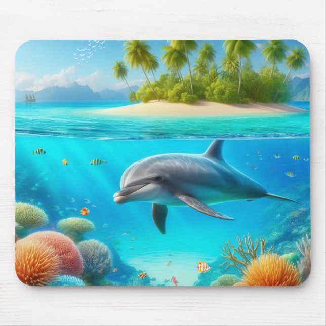 Tropical/Hawaii colourful underwater dolphin Mouse Pad (Front)