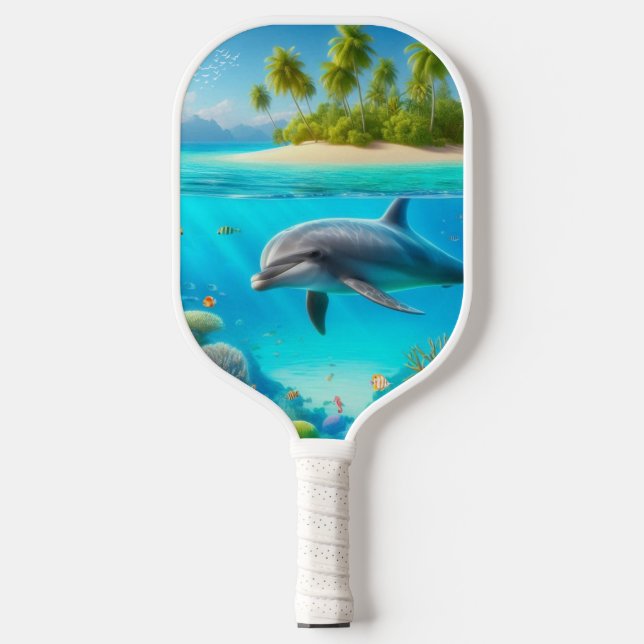 Tropical/Hawaii colourful underwater dolphin Pickleball Paddle (Front)