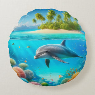 Tropical/Hawaii colourful underwater dolphin Round Pillow