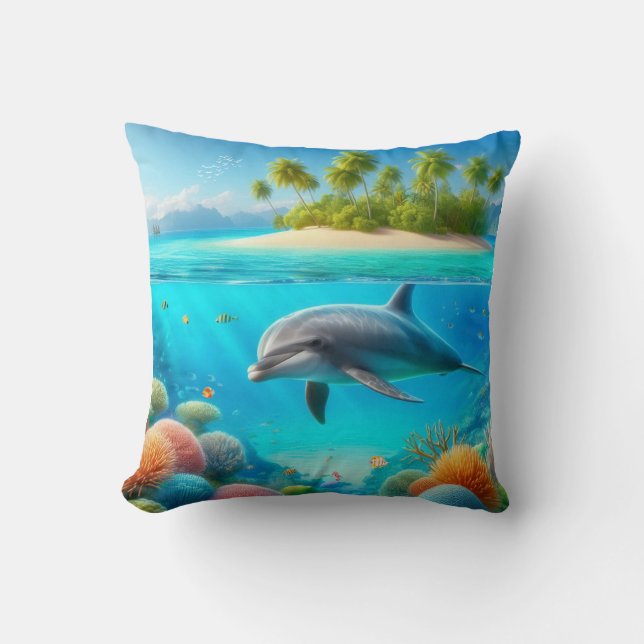 Tropical/Hawaii colourful underwater dolphin Throw Pillow (Front)