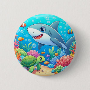 Tropical/Hawaii colourful underwater shark & turtl 2 Inch Round Button