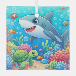 Tropical/Hawaii colourful underwater shark & turtl Glass Ornament