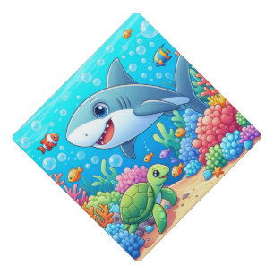 Tropical/Hawaii colourful underwater shark & turtl Graduation Cap Topper