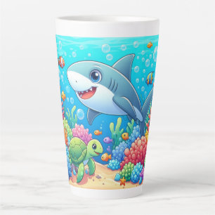 Tropical/Hawaii colourful underwater shark & turtl Latte Mug