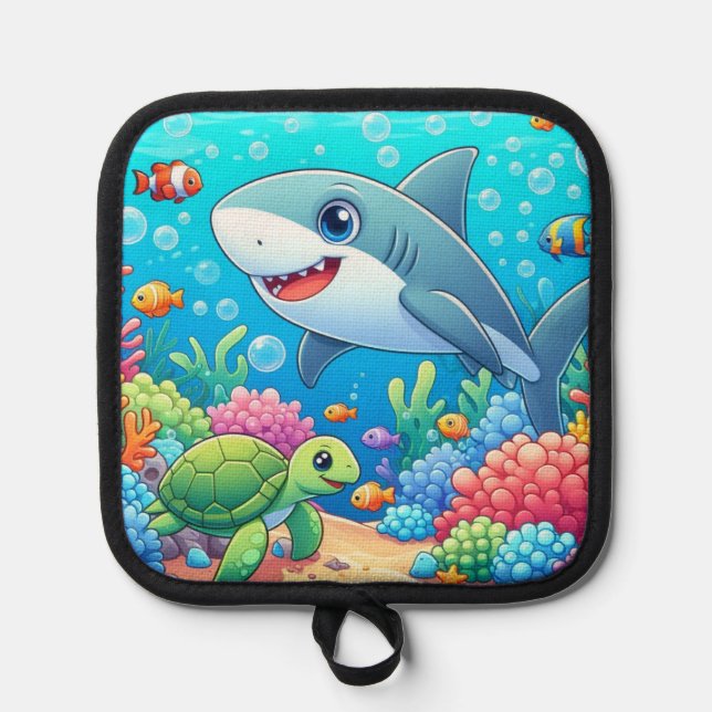 Tropical/Hawaii colourful underwater shark & turtl Pot Holder (Front)