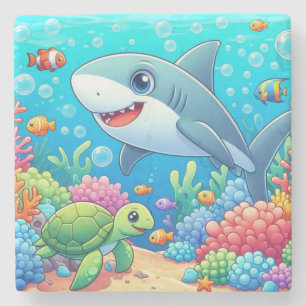 Tropical/Hawaii colourful underwater shark & turtl Stone Coaster