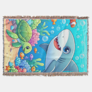 Tropical/Hawaii colourful underwater shark & turtl Throw Blanket
