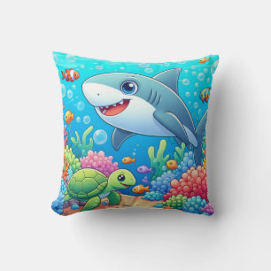 Tropical/Hawaii colourful underwater shark & turtl Throw Pillow