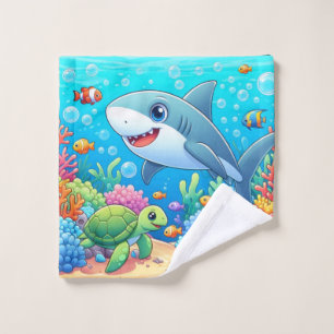 Tropical/Hawaii colourful underwater shark & turtl Wash Cloth