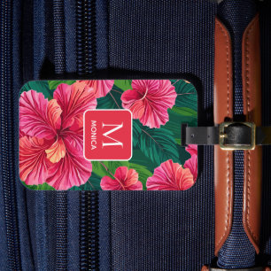 Tropical Hawaii Hibiscus Palm Leaves Red Monogram Luggage Tag