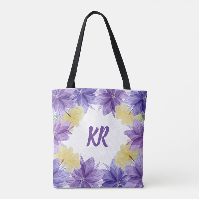 Tropical Hawaii Purple Flowers Floral Monogrammed Tote Bag (Back)
