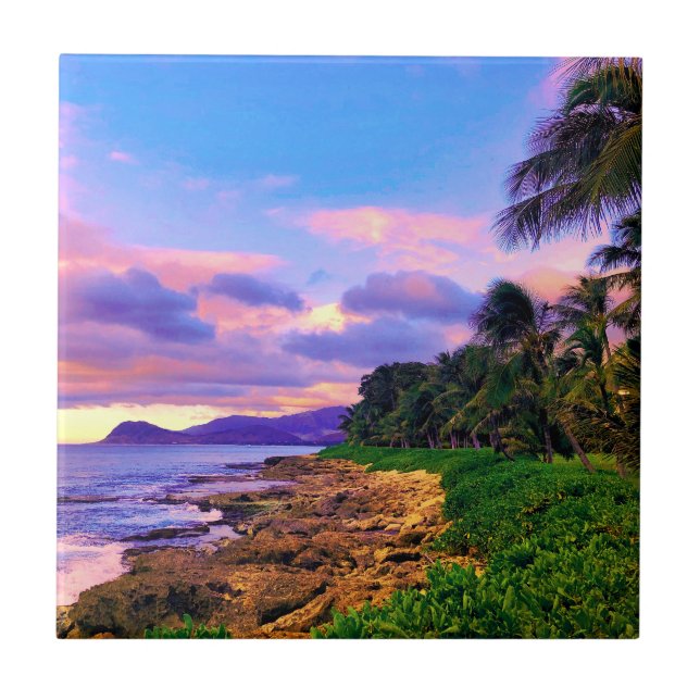 Tropical Hawaii Seashore Sunset Tile (Front)