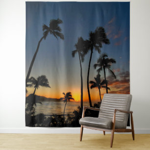 Tropical Hawaii Sunset Palm Trees Photo Backdrop Tapestry