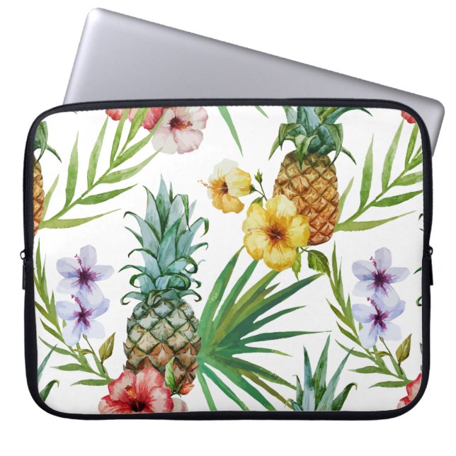 Tropical hawaii theme watercolor pineapple pattern laptop sleeve (Front)
