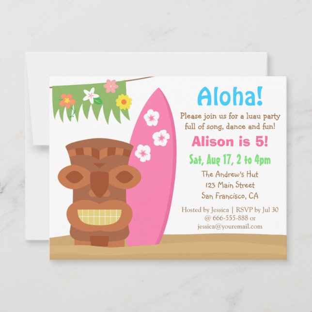 Tropical Hawaii Tiki Luau Beach Birthday Party Invitation (Front)