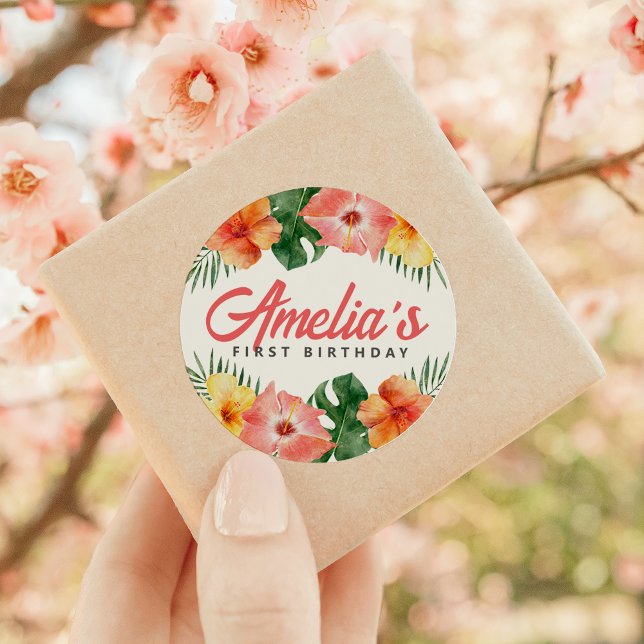 Tropical Hawaiian Birthday Party Round Sticker (Creator Uploaded)