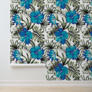 Tropical Hawaiian Blue Hibiscus Flower Palm Leaves Wallpaper