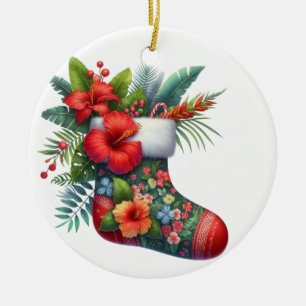 TROPICAL HAWAIIAN CHRISTMAS STOCKING & HIBISCUS CERAMIC ORNAMENT