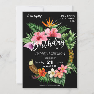 Tropical Hawaiian Floral Birthday Party - Black Invitation