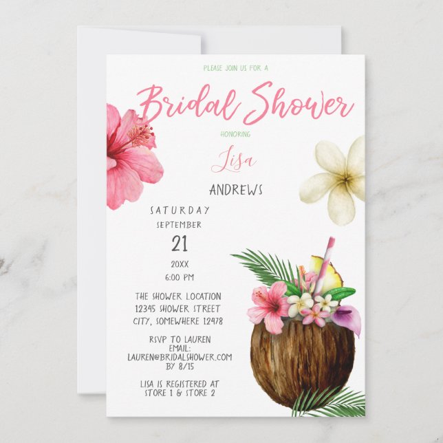 Tropical Hawaiian Floral & Coconut Bridal Shower Invitation (Front)