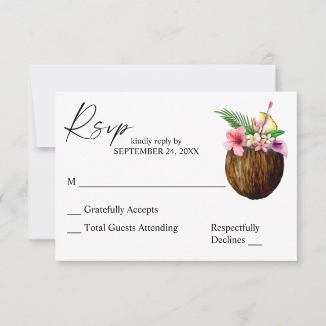 Tropical Hawaiian Floral Coconut Tree RSVP Card (Front)