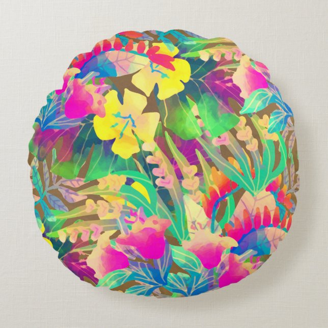 Tropical Hawaiian floral colourful summer Round Pillow (Front)