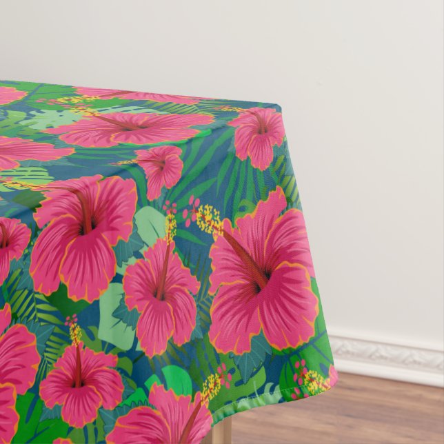 Tropical Hawaiian Floral Foliage Elegant Hibiscus Tablecloth (In Situ)