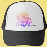 Tropical Hawaiian Floral Hibiscus Aloha Script Trucker Hat<br><div class="desc">Trucker Hat Surfer Beach Style - Tropical Hawaiian Floral Hibiscus Aloha Script Trucker Hat. -------- PRODUCT DETAILS: Adjustable from 17" to 24". 100% polyester foam front. Wide area to feature your design. 100% nylon mesh back keeps you cool. Available in 11 colour combinations Paper Type: Matte finish. Customizable: Add your...</div>