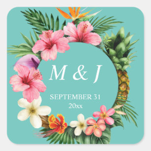 Tropical Hawaiian Floral Monogram- Blue Square Sticker