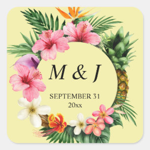 Tropical Hawaiian Floral Monogram- Yellow Square Sticker