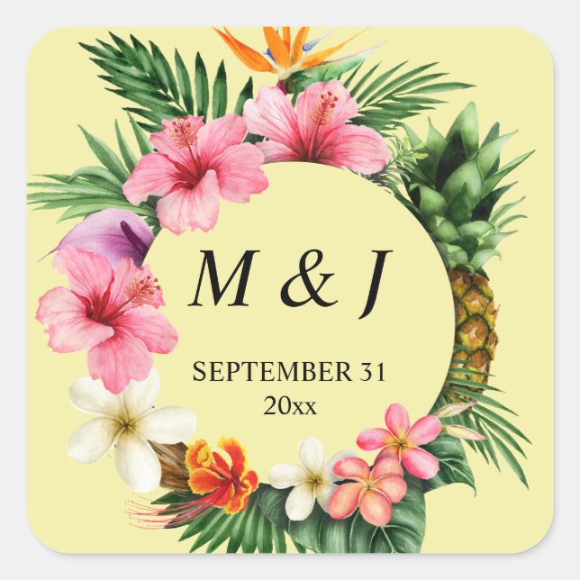 Tropical Hawaiian Floral Monogram- Yellow Square Sticker (Front)