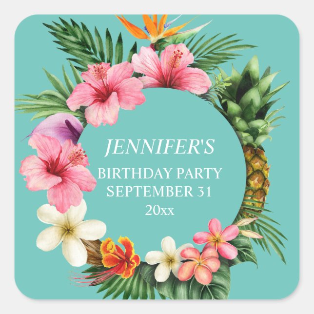 Tropical Hawaiian Floral Name - Blue Square Sticker (Front)
