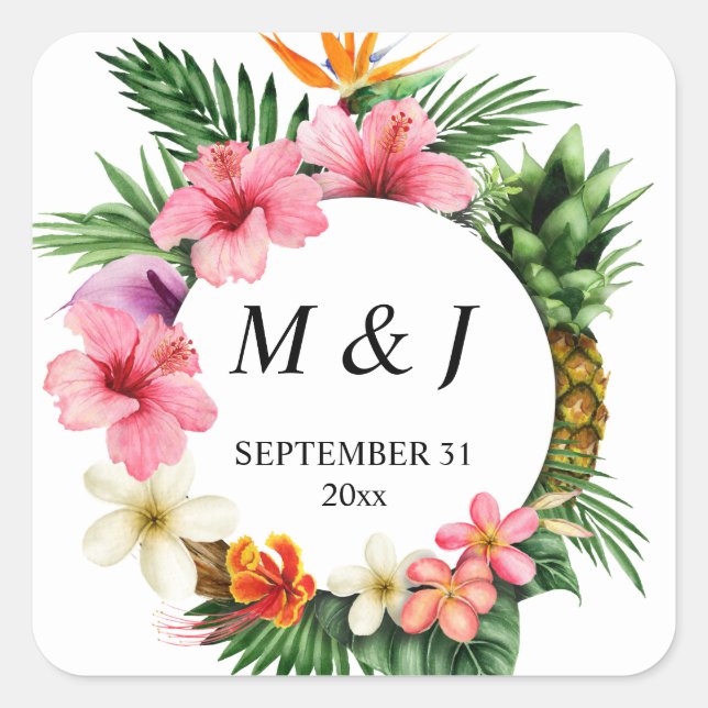 Tropical Hawaiian Floral & Pineapple Monogram Square Sticker (Front)