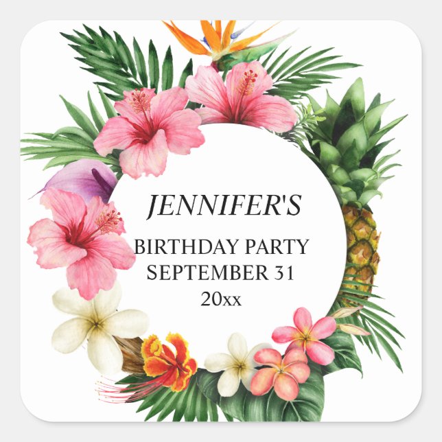Tropical Hawaiian Floral & Pineapple Name Square Sticker (Front)
