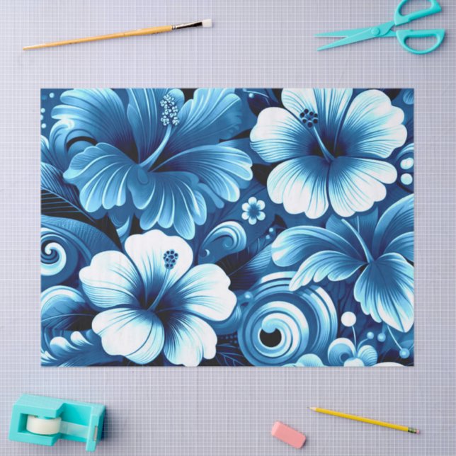 Tropical Hawaiian Flowers Hibiscus Blue Decoupage Tissue Paper (Craft)