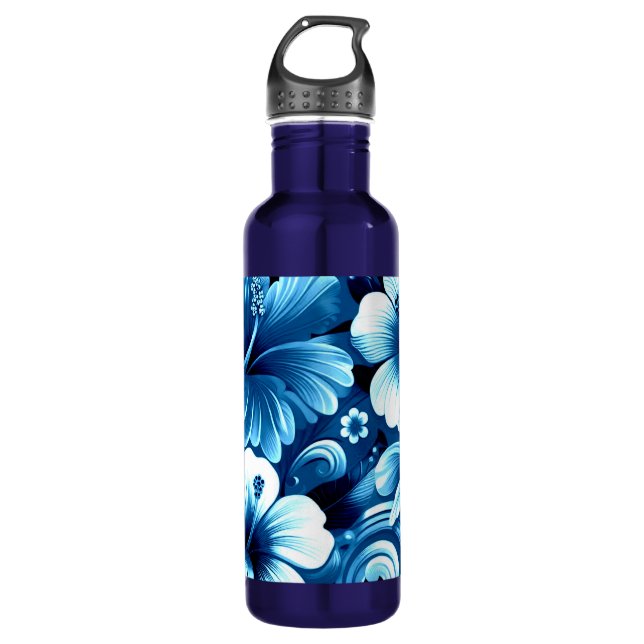 Tropical Hawaiian Flowers Hibiscus Blue Pattern 710 Ml Water Bottle (Front)