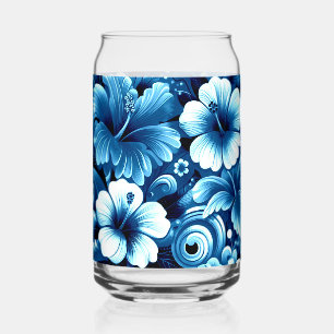 Tropical Hawaiian Flowers Hibiscus Blue Pattern Can Glass