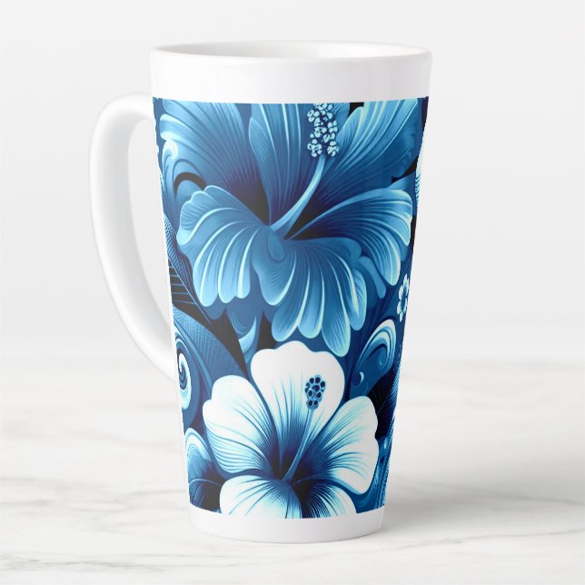 Tropical Hawaiian Flowers Hibiscus Blue Pattern Latte Mug (Left Angle)