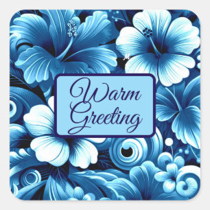 Tropical Hawaiian Flowers Hibiscus Blue Pattern Square Sticker