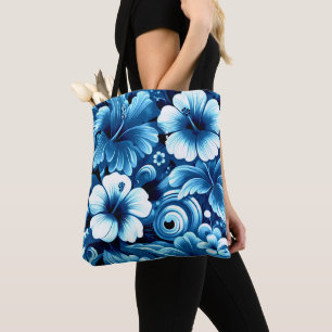 Tropical Hawaiian Flowers Hibiscus Blue Pattern Tote Bag