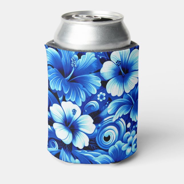 Tropical Hawaiian Flowers Hibiscus Cobalt Blue Can Cooler (Can Back)
