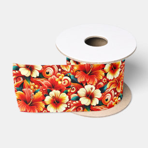 Tropical Hawaiian Flowers Hibiscus Orange Pattern Satin Ribbon