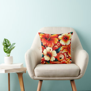 Tropical Hawaiian Flowers Hibiscus Orange Pattern Throw Pillow
