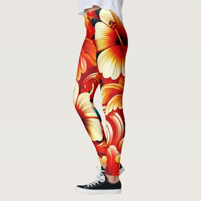 Tropical Hawaiian Flowers Hibiscus Orange Yellow Leggings (Left)