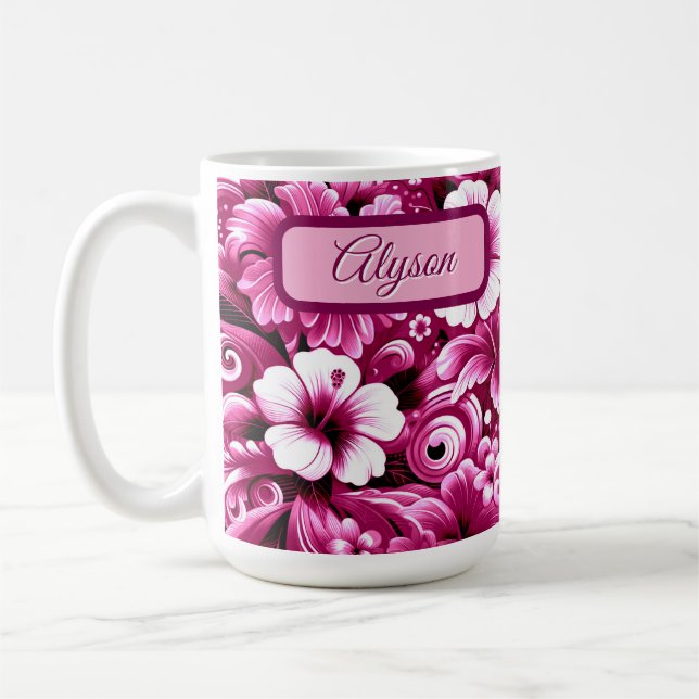 Tropical Hawaiian Flowers Hibiscus Personalized Coffee Mug (Left)